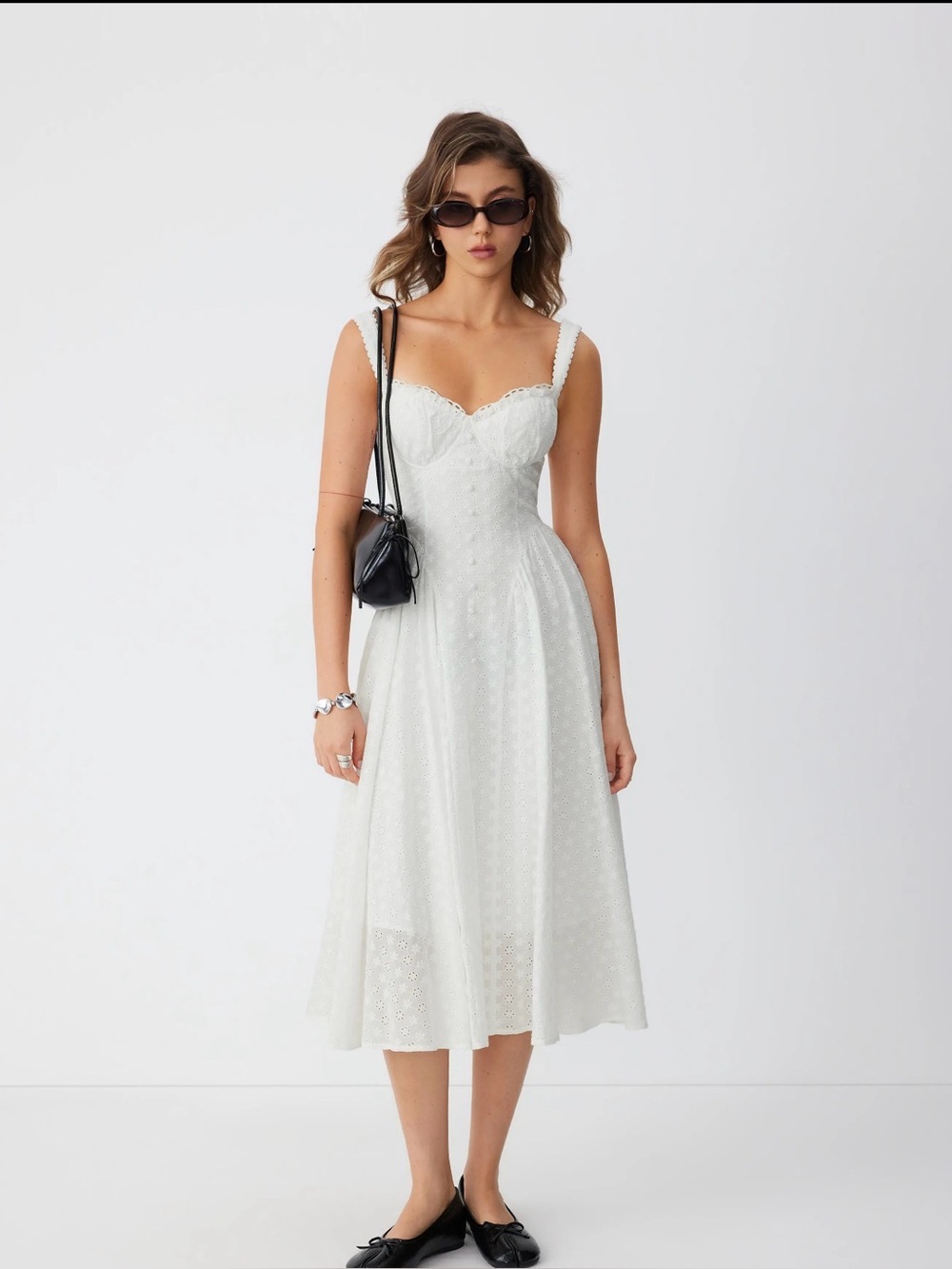 Cider White Midi Dress with Button Front and Lace Trim